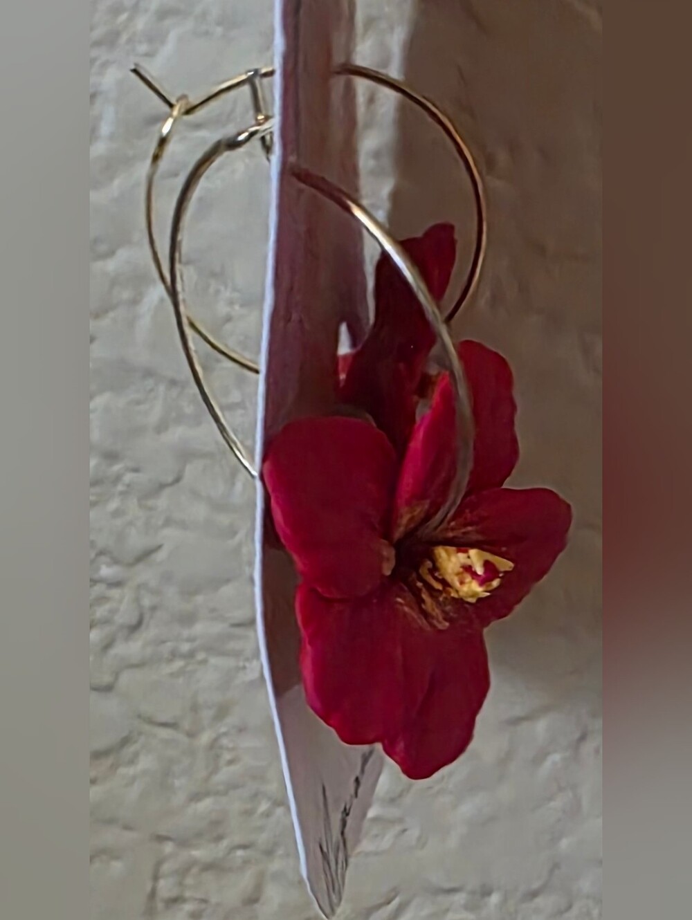 Maya and Twins Co Red Hibiscus Flower Gold Hoop Earrings Handmade Hawaii - Picture 5 of 6